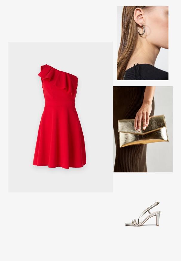 WAL G PETITE MAXINE RUFFLE SKATER - Trikotaažkleit - red; Metallilise hõbedase värvi kõrge kontsaga sandaal avatud varbaga, millel on jalas kolm õhukest rihma ja pahkluuring koos kinnitusega.; Kuldne metallist käekott, millel on sile tekstuur ja kolmnurkne klapp. Kotti hoidev käsi on hoolikalt maniküüritud küüntega.; Hõbedane rõngas kõrvarõngas poleeritud viimistlusega, millel on väikesed kuldsed aktsendid ja ümmargune kuju, kantud lobus.