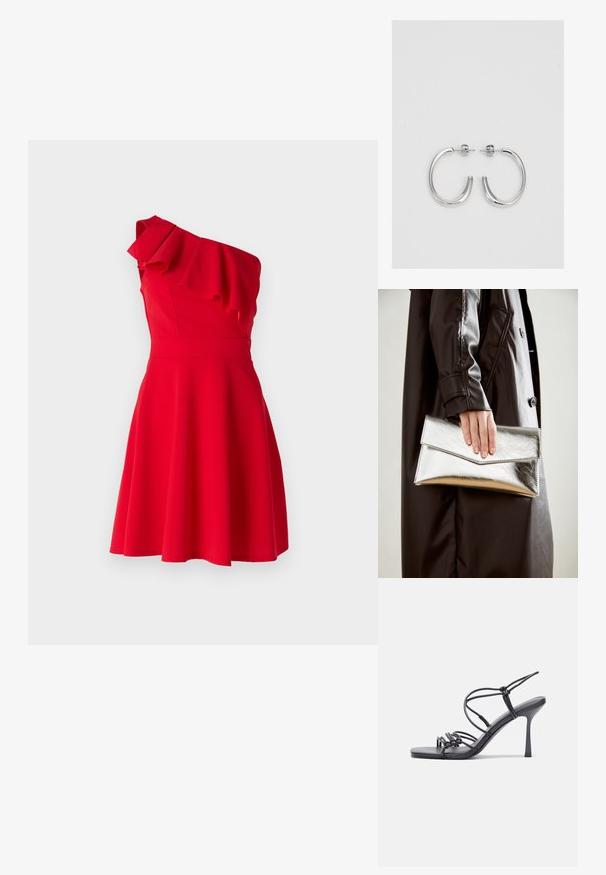 WAL G PETITE MAXINE RUFFLE SKATER - Trikotaažkleit - red; Mustad musta värvi kontsandaalid on varustatud peente rihmadega, millel on sõlmekujundus, siledad ruudukujulised varbad ja stiilne stilettokonts.; Hõbedane metallist kott, millel on nurkne ümbriku disain, sile tekstuur ja kontrastne sisekuju, hoituna musta jope käes.; Hõbedast rõngaskõrvarõngad sileda ja läikiva pinnaga, kõveriku kujuga ning postitaksega sulgur. Minimalistlik disain kaasaegse viimistlusega.