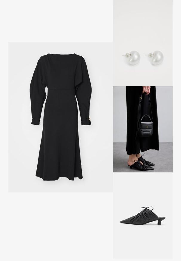 Robe en tricot noir avec un col bateau, de longues manches bouffantes et un ourlet légèrement évasé. Accents dorés aux poignets.; Mules noirs en cuir à enfiler avec un bout pointu, une texture froncée et un petit talon aiguille. Présente un détail à cordon au niveau de l'ouverture.; Petite sac à main en cuir noir de forme arrondie, avec une poignée supérieure et une bandoulière amovible. Porté avec une robe en tissu noir et des chaussures plissées noires.; Boucles d'oreilles en perles argentées avec une forme incurvée en haricot. Surface lisse et brillante, maintenues par une fermeture à tige et à dos.