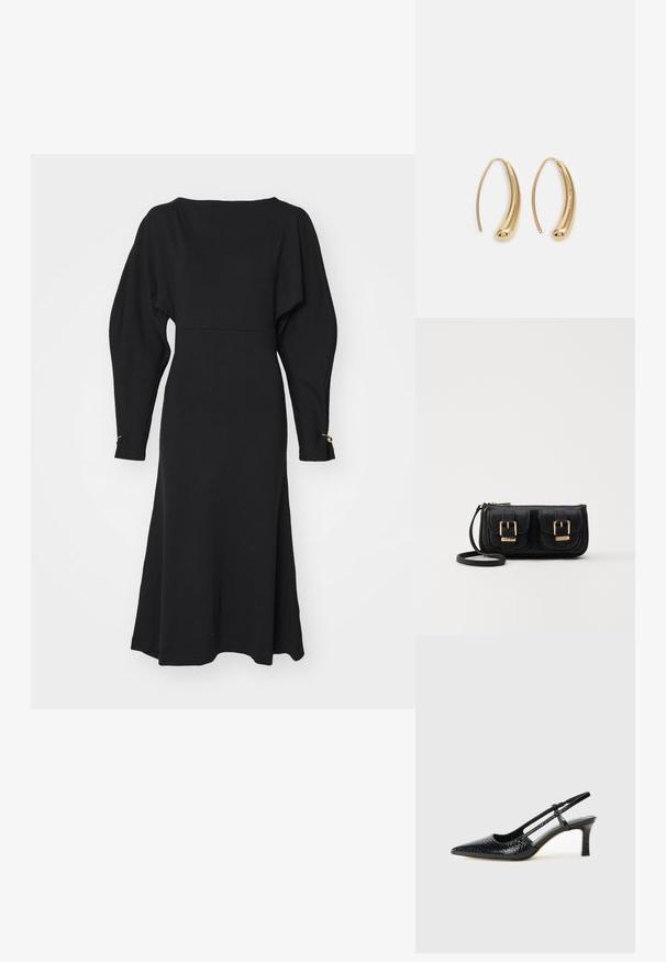 Fekete kötött ruha, hajónyakú, hosszú puffos ujjakkal és enyhén bővülő szoknyával. Arany kiegészítők az ujjak végén.; Fekete lakk slingback sarok, hegyes orral, texturált kígyómintával, állítható pánttal és rövid, texturált tömbsarkal.; Fekete bőr keresztbody táska két elülső zsebbel, arany csattokkal, cipzáras záródással és vékony pánttal. Textúrált felület és kompakt téglalap alak.; Aranyszínű fémből készült karika fülbevalók ívelt, hosszúkás formával. Simaságával és fényes felületével, valamint lekerekített végével további részletekkel bővül.