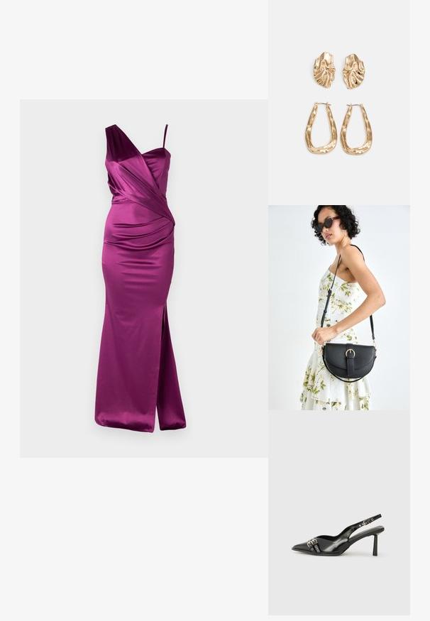 Rochie din satin fuchsia cu un bretele, cu un design drapat și fante laterale. Siluetă elegantă cu textură fină și cădere grațioasă.; Pantofii slingback din piele lăcuită neagră, cu vârf ascuțit, bretele pentru gleznă cu catarame și accesorii din argint, și un toc subțire.; Geantă din piele neagră, cu o formă curbată, curea detașabilă și accesorii aurii. Geanta are un capac cu un detaliu tip cataramă.; Cercei aurii cu forme texturate și ondulate. Include studs sculpturale cu clip și un design de cerc deschis cu un finisaj cioplit.