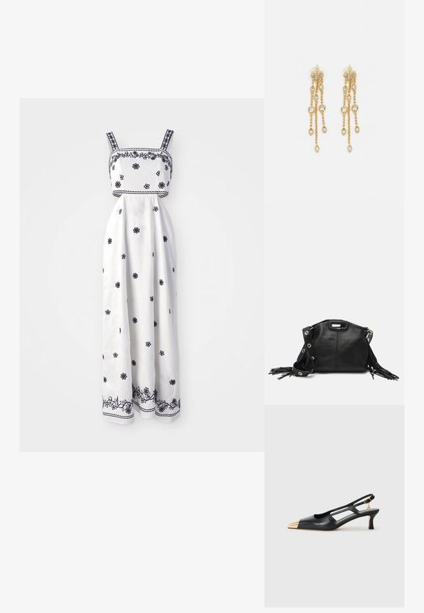 Robe maxi blanche avec broderie florale navy, décolleté carré et fines bretelles. Présente une bordure brodée complexe le long de l'ourlet.; Chaussure slingback en cuir noir avec un bout pointu et un capuchon métallique doré. Présente un design découpé et un talon fin avec une sangle ajustable.; Maje MISS MINI - Sac bandoulière - noir; Boucles d'oreilles en ton or avec plusieurs chaînes en cascade, présentant des accents en strass ovales transparents et des dessus à clous décoratifs.