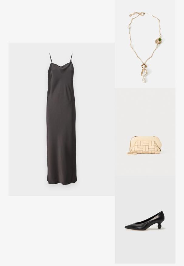 Juodas satino suknele su plonomis reguliuojamomis petnešomis, giliu V formos kaklo iškirpimu ir tiesia siluetu, besileidžiančia iki vidurio blauzdų. Lygi tekstūra.; Juoda odinė aukštakulnė bateliai su smailiu pirštu ir apvaliu, iškiliu kulnu. Lygus paviršius su elegantišku, minimalistiniu dizainu.; Austintais bežinis rankinukas su struktūrizuotu dizainu, turintis lygią viršutinę dalį ir ilgas diržas. Tekstūruoti elementai pagerina bendrą išvaizdą.; Auksinės spalvos apyrankė su susuktomis grandinėmis, baltais perlais ir žaliuoju akmeniu. Pasižymi sudėtingais detalėmis ir užsegimu.