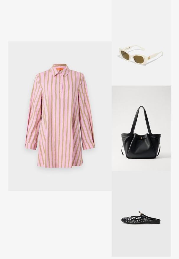 Rožinė marškinė su vertikaliomis auksinėmis juostelėmis, ilgomis rankovėmis su манжетаis, mygtukų priekinis užsegimas ir klasikinis apykaklė. Minkšta, lengva medžiaga.; Tory Burch MELLOW MARY JANE - Pantoletai - perfect black/gold; Baltos plastikinės saulės akinių rėmas, stačiakampis, rudi lęšiai ir auksinė detalė ant šventyklos. Sklandžią tekstūrą ir modernų dizainą.; Juodas odinis rankinis krepšys su dviem ilgom diržais, surišamu viršumi ir auksiniu apvaliu akcentu. Lygus paviršius su minimalistiniu dizainu.