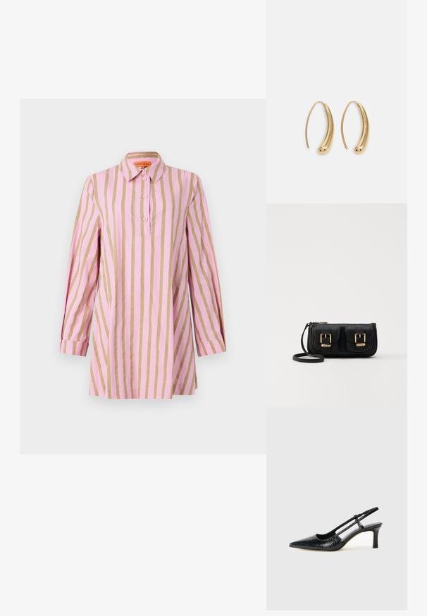 Ružová košeľa s vertikálnymi zlatými pruhmi, dlhé rukávy s manžetami, zapínanie na gombíky a klasický golier. Mäkká, ľahká látka.; Čierne patentové slingback topánky na ihlovom podpätku s špicatou špičkou, s textúrovaným hadím vzorom, nastaviteľným popruhom a krátkym, textúrovaným blokovým podpätkom.; Čierna kožená crossbody taška s dvoma prednými vreckami, zlatými sponami, zipsovým uzatváraním a úzkym popruhom. Štruktúrovaný povrch a kompaktný obdĺžnikový tvar.; Náušnice vo forme zlatých kovových kruhov s zakriveným, predĺženým tvarom. Majú hladký, lesklý povrch a zaoblený koniec pre pridanie detailu.