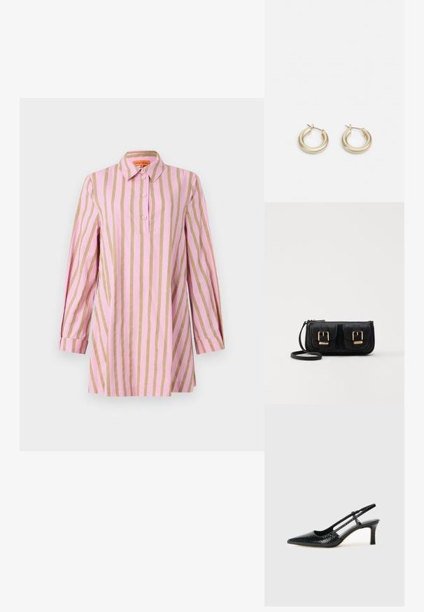 Ružičasta košulja s vertikalnim zlatnim prugama, dugih rukava s manžetama, dugmadi sprijeda te klasičnim ovratnikom. Meko, lagano tkivo.; Crne lakirane slingback pete s oštrim vrhom, s teksturiranim uzorkom zmijske kože, podesivom remenom i kratkom, teksturiranom blok-petom.; Crna kožna torba preko ramena s dva prednja džepa, zlatnim kopčama, zatvaranjem na zip i uskim remenom. Teksturirana površina i kompaktan pravokutan oblik.; Lauren Ralph Lauren BASIC SMALL HOOP - Naušnice - gold-coloured