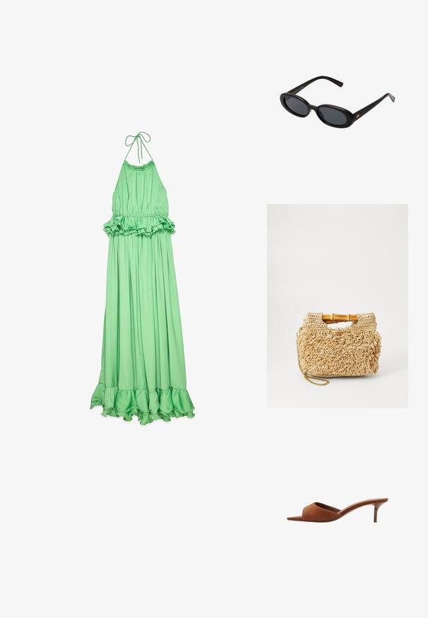 Grøn halterneck maxikjole lavet af glat stof, med en flæset talje og kant, samt en svævende, plisseret silhuet.; Brune suede åbne mules med et buet design, der har en lav stiletto hæl og glatte, minimalistiske linjer.; Store store; Vævet strohåndtaske med bambushåndtag, der har et tekstureret fringedesign i naturlig beige og en guldkædesnor.