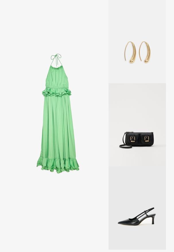Zelené halterneck maxi šaty vyrobené z hladkej látky, s volánovým pásom a lemom, s prúdnou, skladanou siluetou.; Čierne patentové slingback topánky na ihlovom podpätku s špicatou špičkou, s textúrovaným hadím vzorom, nastaviteľným popruhom a krátkym, textúrovaným blokovým podpätkom.; Čierna kožená crossbody taška s dvoma prednými vreckami, zlatými sponami, zipsovým uzatváraním a úzkym popruhom. Štruktúrovaný povrch a kompaktný obdĺžnikový tvar.; Náušnice vo forme zlatých kovových kruhov s zakriveným, predĺženým tvarom. Majú hladký, lesklý povrch a zaoblený koniec pre pridanie detailu.