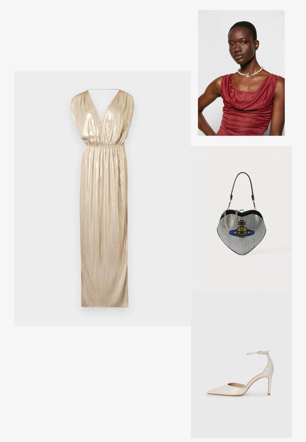 Zadig & Voltaire RITMIC - Cocktailkleid/festliches Kleid - gold; Weiße Leder-Pumps mit spitz zulaufender Zehe, Knöchelriemen und schlanker Stiletto-Absatz. Glatte Oberfläche mit dezent glänzendem Finish.; Herzförmige Handtasche aus Netzmaterial mit metallischem Finish, ausgestattet mit einem Katzen- und Planetendesign in Blau, Gelb und Rot. Inklusive Kettenriemen.; Kapuzenschnitt Kleid in tiefroter Farbe mit glatter Textur. Ausgestattet mit einer Perlenkette, die in der Mitte mit einem dekorativen silbernen Akzent versehen ist.