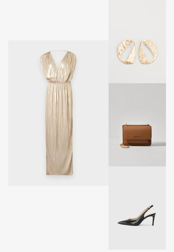 Zadig & Voltaire RITMIC - Vestito elegante - gold; Slingback in pelle nera con i tacchi alti a punta, cinturino regolabile e tacco a spillo elegante, caratterizzati da una finitura liscia.; Borsa a tracolla in pelle marrone con texture, dotata di catena dorata e chiusura a pattina. Sul davanti presenta un dettaglio con logo e una tasca sotto la pattina.; Un paio di orecchini in metallo di tonalità dorata, di forma ovale irregolare, con superficie texturizzata e leggermente martellata, su uno sfondo bianco.