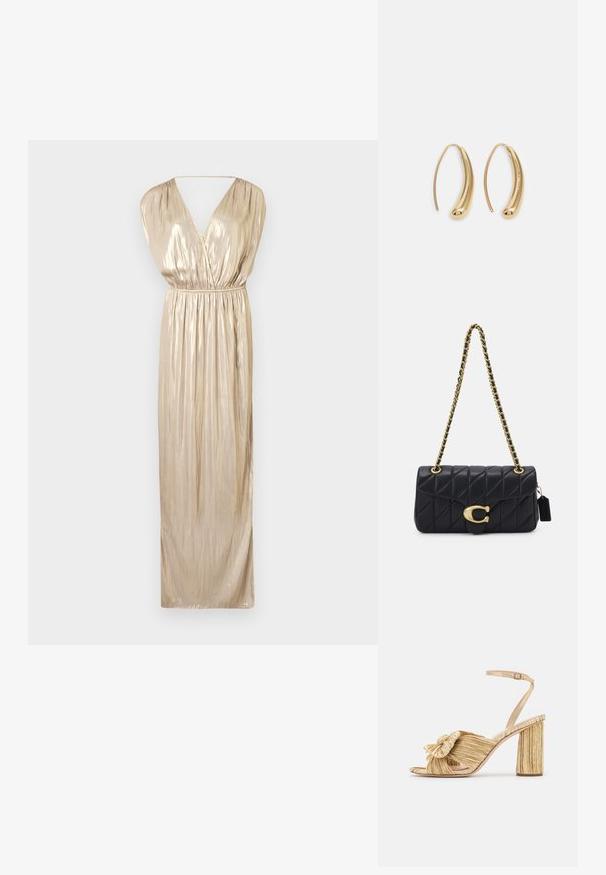 Zadig & Voltaire RITMIC - Juhlamekko - gold; Kultaiset korot sandaalit, joissa on solmittu etuosa, laskostettu pinta ja nilkkaremmi. Paksu korko on uritettu, mikä parantaa pitoa.; Mustat vuoratut käsilaukku kultaketjuhihnalla, jossa on erottuva kultainen solki ja pieni tarkkuustagi, ja joka esittelee tekstuurillista nahkapintaa.; Korvakorut kultasävytteistä metallista, joissa on kaareva, pitkänomainen muoto. Ominaisuuksiin kuuluu sileä, kiiltävä pinta ja pyöreä kärki lisäyksinä.