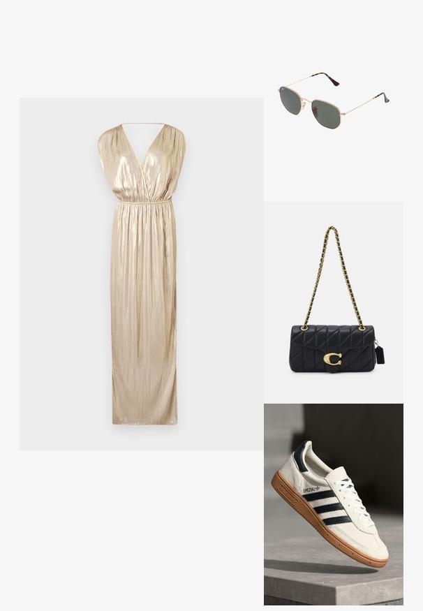 Zadig & Voltaire RITMIC - Juhlamekko - gold; Valkoinen nahan näköinen sneaker, jossa on tummansinisiä raitoja, kuminen pohja, teksturoitu yläosa, pyöreä kärki ja nauhoitus; sisältää brändäystä sivussa ja kielekkeessä.; Kultaa metallikehyksiset aurinkolasit tummanvihreillä linsseillä, pilottilaatuinen tyyli, jossa on kapeat varret ja kilpikonnakuosiset korostukset päissä.; Mustat vuoratut käsilaukku kultaketjuhihnalla, jossa on erottuva kultainen solki ja pieni tarkkuustagi, ja joka esittelee tekstuurillista nahkapintaa.