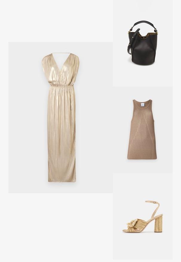 Zadig & Voltaire RITMIC - Koktejlové šaty / šaty na párty - gold; Beige, bezrukávový pletený top s žebrovanou strukturou, s A-liniovým střihem a jemnými diagonálními švy.; Zlaté sandály na podpatku s uzlem vpředu, sklady na povrchu a páskem kolem kotníku. Blokový podpatek má žebrovaný design, který zvyšuje přilnavost.; Černá kožená kabelka ve tvaru vědra s texturovaným povrchem, zlatými kovovými akcenty a otevřeným vrchem. Obsahuje krátkou rukojeť a nastavitelný ramenní popruh.