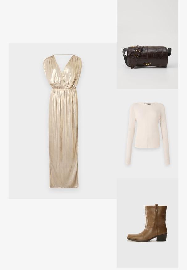 Zadig & Voltaire RITMIC - Cocktailklänning - gold; Långärmad, ljusbeige topp med rund halsringning. Tillverkad i mjukt material, har en central söm och något rundad nederkant. Inga synliga detaljer.; Brun läderankelsk boot med fyrkantig tå, texturerad yta och låg staplad klack. Har en bakre dragflik och subtila sömnadsdetaljer.; Brun kroko präglat läderväska med cylindrisk form, guldfärgad hårdvara och ett avtagbart band med nitar.