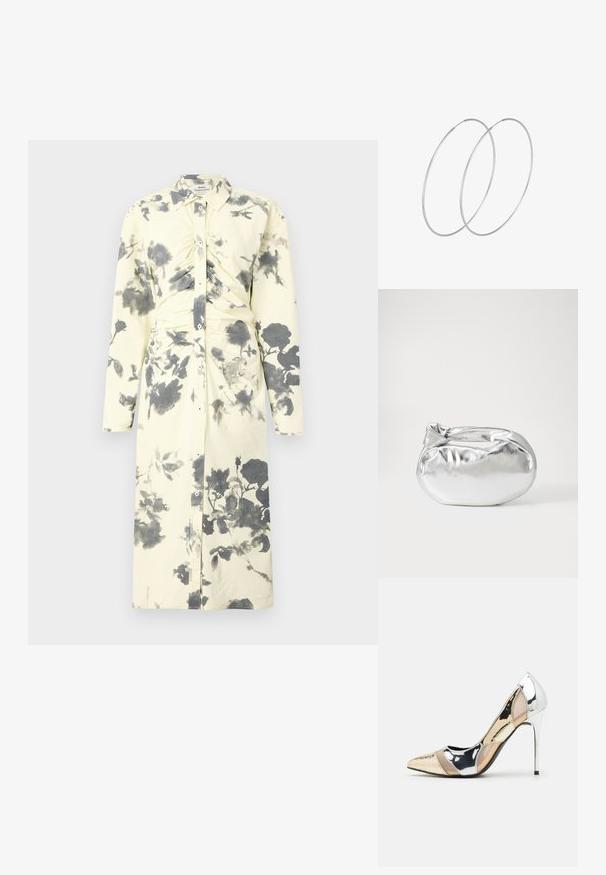 Pikad varrukad ja nuppe täis kleit pehmest kollasest kangast, millel on must lilledprint ja kokkuvõtva detailiga taljes.; Kitsas toe kõrge kontsaga kingad, millel on hõbedane, kuldne ja nude värvilahendus. Läikiv viimistlus lõikekujundusega, stiletto konts.; Hõbedane metallikoti kott pehme, ümar kuju ja sõlme ülemise sulgemisega. Valmistatud siledast kunstnahast materjalist.; Hõbedased rõngastikkaehingad minimalistlikus disainis. Ümar kuju, sile tekstuur ja õhuke profiil. Kerged ning poleeritud viimistlusega.