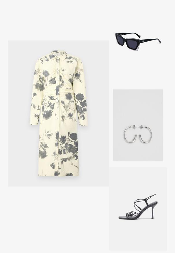 Pitkähihainen, nappi-käytä mekko pehmeässä keltaisessa kankaassa, jossa on musta kukkakuosi ja kerätty yksityiskohta vyötäröllä.; Mustat korkokengät sandaalit, joissa on ohuet hihnat solmittuna, sileä neliön muotoinen varvasosa ja tyylikäs stiletto-korko.; Mustat ylisuuret aurinkolasit, joissa on geometrinen muoto, tummat linssit ja kehykseen erottuva harmaa yksityiskohta. Logo varressa.; Hopehopeet hopehopeet hopehopeet hopehopeet, jolla on sileä, kiiltävä pinta. Pyöreä muoto, kevyt rakenne, jossa on neulakiinnitys.