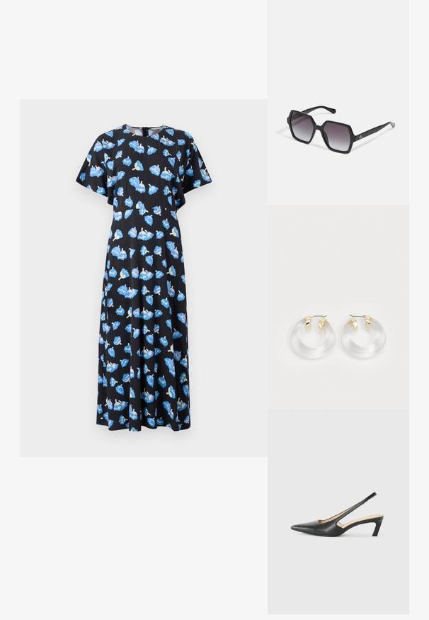 Květinové šaty z černé látky, s modrými a růžovými květinovými vzory. Krátké lehoučké rukávy a silueta ke kolenům s zipem na zadní straně.; Černý špičatý slingback s nízkým podpatkem, vyrobený z hladké kůže, s výřezem na boku pro lepší prodyšnost.; Černé hexagonální sluneční brýle se stupňovitou čočkou, s lesklým povrchem a jemným logem na spánku. Odolná plastová konstrukce.; Průhledné akrylové kruhové náušnice se zlatými kovovými akcenty a lesklým povrchem. Mají hladký, kruhový design.