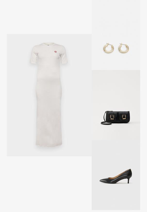 DOUBLE A BY W.W. HAI RESORT BABY TEE DRESS - Maxikjole - off-white; Sorte lærpumpe med spiss tå, lav hæl og en glatt tekstur. Har en liten åpning foran og minimalt med beslag bak.; Svart skinn crossbody veske med to frontlommer, gyldne spenner, glidelåslukking og en slank stropp. Teksturert overflate og kompakt rektangulær form.; Lauren Ralph Lauren BASIC SMALL HOOP - Øredobber - gold-coloured