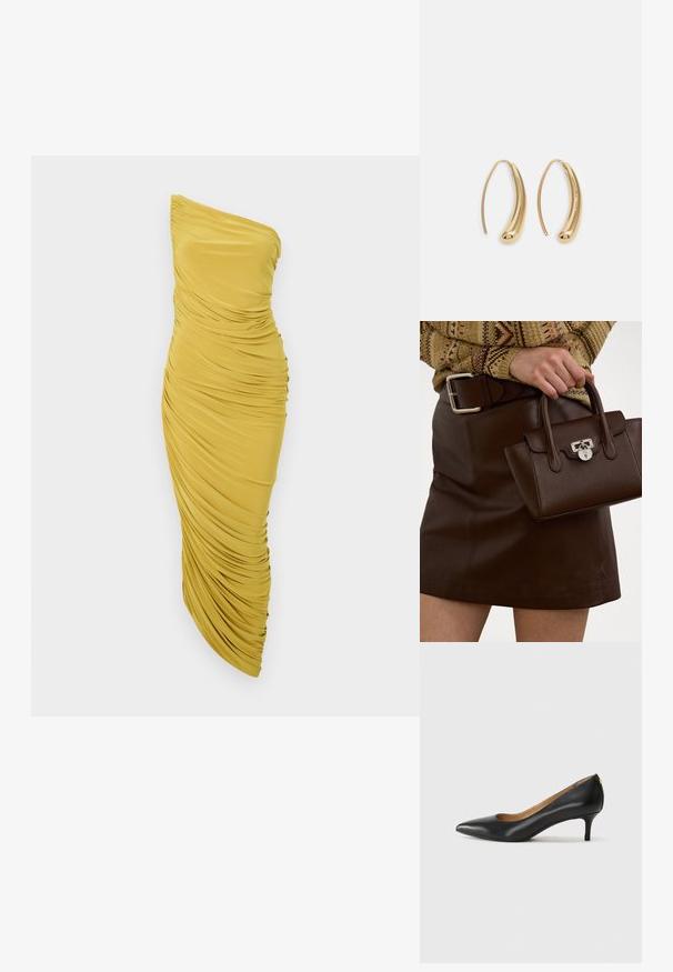 Norma Kamali DIANA GOWN - Roupa de cerimónia - asparagus; Sapato de salto alto em pele preta com bico fino, salto baixo e textura suave. Apresenta uma ligeira abertura na parte da frente e mínima ferragem na parte de trás.; Mala de couro castanho com um acabamento texturizado e ferragens prateadas, segurada com uma mão ao lado de uma saia de couro castanho e um suéter com padrão.; Brincos em metal dourado com forma de arco alongado e curvado. Apresentam uma superfície lisa e brilhante, com uma ponta arredondada para um detalhe adicional.