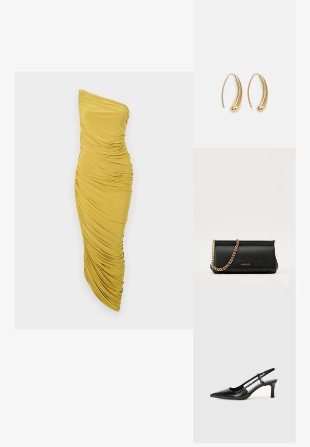 Norma Kamali DIANA GOWN - Proginė apranga - asparagus; Juodai lakuoti slingback aukštakulniai su smailiu nosiu, su tekstūruotu gyvatės raštu, reguliuojama juosta ir trumpu, tekstūruotu blokiniu kulnu.; Juodas odinis delninukas su auksine grandine, turintis lygų paviršių, stačiakampį išmatavimą ir įspaustą prekės ženklą priekyje.; Auksinės metalinės auskarų kabės su lenktą, pailgą forma. Turi lygų, blizgantį paviršių ir užapvalintą galiuką papildomam akcentui.