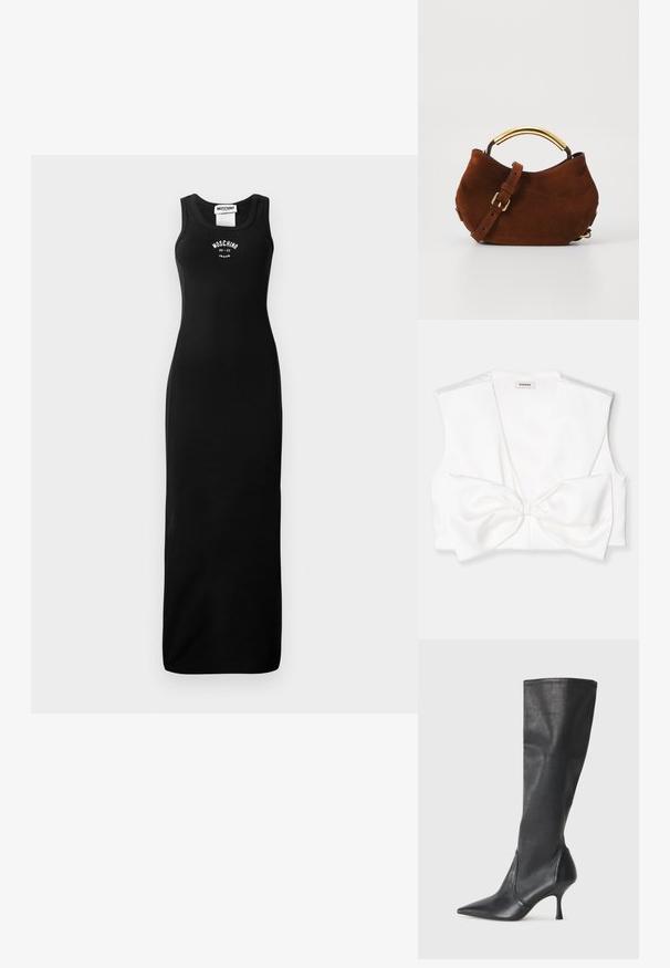 Čierne tielko šaty vyrobené z rebrovaného materiálu, so priliehavým strihom a potlačou loga na hrudníku. Dlhé po zem s okrúhlym výstrihom.; Biely skrátený top s hlbokým V výstrihom, širokými ramienkami a veľkým mašľovým detailom vpredu. Hladká, saténová textúra.; Čierne kožené čižmy do výšky kolien s špicatou špičkou a úzkym stiletto podpätkom. Hladká textúra s priliehavým dizajnom a prešitím na vrchnom okraji.; Hnedá semišová kabelka s zakrivenou zlatou rúčkou, nastaviteľným popruhom a mäkkou textúrou. Má minimalistický dizajn a žiadne viditeľné kovanie.