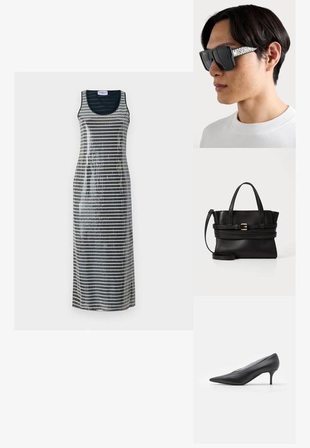 Varrukaeheline maksikleit, millel on sinised ja hõbedased vertikaalsed triibud, kaunistatud sädelevate sekreediga, et lisada tekstuuri ja säravust.; Must be itke erade musta säärelise sabaga jalats, mis on valmistatud sileda nahaga. Omab kitsast kontsa ja minimalistlikku disaini, ilma nähtavate kaunistusteta.; Mustad mustangid julge, nurkadega disainiga ja tumedate läätsedega. Kõrvas olevatel osadel on kaubamärgi nimi "MOSCHINO" kontrastsete valgete tähtedega.; Mustmust leatherist kott, millel on struktureeritud disain, kahekordne ülemine käepide, eemaldatav rihm ja kuldne pandlaaksent horisontaalsel ribal.