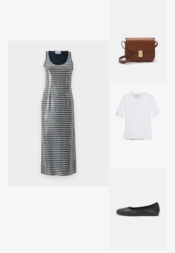 Bezramenné maxi šaty s vertikálnymi pruhmi v námorníckej a striebornej farbe, ozdobené flitrami pre zvýraznenie textúry a lesku.; Biela krátka tričko s krátkymi rukávmi vyrobené z rebrovanej látky. Klasický okrúhly výstrih, bežný strih a jemné švy. Bez vzorov alebo grafiky.; Čierne kožené baleríny s okrúhlou špičkou, hladkým povrchom, minimálnym prešívaním a flexibilným dizajnom podrážky.; Hnedá kožená kabelka s klopou, zlatými kovovými prvkami, ramenným popruhom a hladkým povrchom. Kompaktný obdĺžnikový tvar.