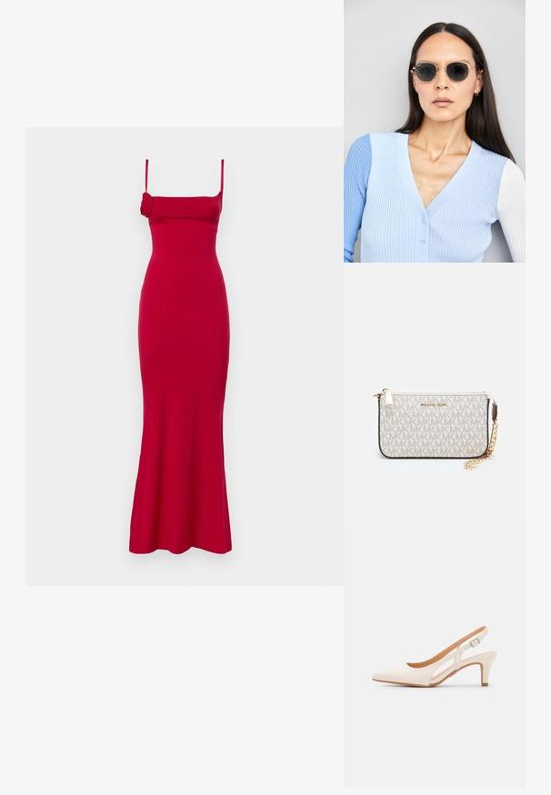 Piros, testhez simuló ujjatlan ruha, négyzet alakú nyakkivágással, bővülő szegéllyel és oldalsó rózsa díszítéssel. Simaságával és enyhe fényével készült anyagból.; Fehér slingback sarok, hegyes orral, sima felső anyaggal, alacsony blokk sarkával és oldalsó kivágott dizájnnal, állítható csatpánttal.; Kerek napszemüveg sötét lencsékkel és arany kerettel. A modellen világoskék, bordázott kardigán van gombokkal és kontrasztos fehér ujjaival.; Michael Kors bézs bevonatos vászon karkötő, amely ismétlődő MK logó mintával, aranyszínű fémrészletekkel és levehető lánchordóval rendelkezik.