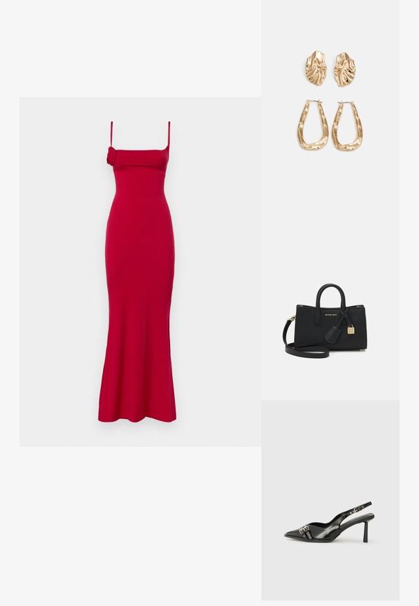 Vestido vermelho justo sem mangas com decote quadrado, com uma saia rodada e detalhe em rosa de lado. Feito de um tecido suave com um brilho sutil.; Sapato slingback preto em pele patentada com bico apontado, tiras no tornozelo apresentando fivelas e acessórios prateados, e um salto elegante.; Bolsa de pele preta com um design estruturado, alças superiores e uma alça de ombro destacável. Apresenta ferragens douradas e um encantos de logótipo.; Brincos em tom de ouro com formas onduladas e texturizadas. Inclui studs escultóricos com presilha e um design de argola aberta com um acabamento martelado.