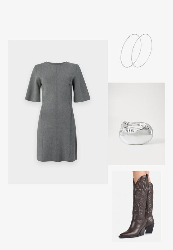 Siva pletena haljina s kratkim lepršavim rukavima, okruglim izrezom i vertikalnim šavovima. Glatka tekstura i dizajn do koljena.; Smeđe kožne kauboj čizme s šiljastim vrhom i blok-potpeticom, s detaljno izvezenim šavovima i uzdignutim naglascima na okovu.; Srebrna metalik torbica s mekim, zaobljenim oblikom i čvorastim zatvaranjem na vrhu. Izrađena od glatke sintetičke kože.; Srebrne okrugle naušnice s minimalističkim dizajnom. Kružni oblik, glatka tekstura i tanak profil. Lagane s poliranim završetkom.
