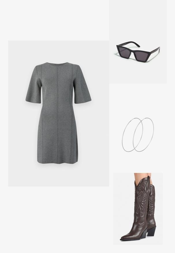 Siva pletena haljina s kratkim lepršavim rukavima, okruglim izrezom i vertikalnim šavovima. Glatka tekstura i dizajn do koljena.; Smeđe kožne kauboj čizme s šiljastim vrhom i blok-potpeticom, s detaljno izvezenim šavovima i uzdignutim naglascima na okovu.; Crne, uglaste sunčane naočale sa sivoj lećama; izrađene od plastike, imaju debele nogice s glatkom površinom i bez vidljivih metalnih dijelova.; Srebrne okrugle naušnice s minimalističkim dizajnom. Kružni oblik, glatka tekstura i tanak profil. Lagane s poliranim završetkom.
