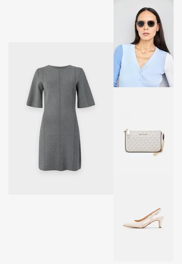 Harmaa neulemekko, jossa on lyhyet liehuvat hihat, pyöreä pääntie ja pystysuorat saumat. Liukas kangas ja polvimittainen muotoilu.; Valkoinen slingback-korkokenkä, jossa on terävä kärki, sileä päällismateriaali, matala lohkokorko ja sivuaukko-design säädettävällä soljella.; Pyöreät aurinkolasit, joissa on tummat linssit ja kultaiset kehykset. Mallilla on päällään vaaleansininen, ribatusta materiaalista valmistettu neuletakki, jossa on napit ja kontrastiväriset valkoiset hihat.; Michael Kors kääröbeige pinnoitettua kangasta, jossa on toistuva MK-logo -kuvio, kultaiset yksityiskohdat ja irrotettava ketjuhihna.