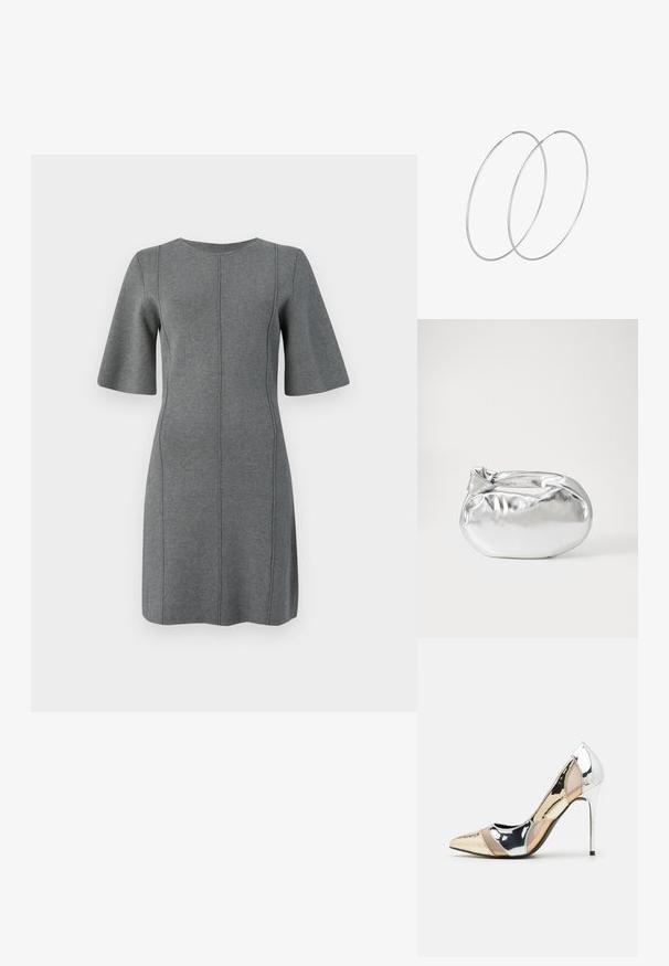 Szara dzianinowa sukienka z krótkimi, rozszerzanymi rękawami, okrągłym dekoltem i pionowymi szwami. Gładka tekstura i długość do kolan.; Czółenka na wysokim obcasie z wąskim noskiem w kolorze srebrnym, złotym i nude. Lśniące wykończenie z wycięciami, z obcasem w stylu stiletto.; Srebrna metaliczna torba worek o miękkim, zaokrąglonym kształcie i zawiązywanym z góry zapięciem. Wykonana z gładkiego materiału imitującego skórę.; Srebrne kolczyki w formie obręczy o minimalistycznym designie. Okrągły kształt, gładka faktura i cienki profil. Lekkie, z polerowanym wykończeniem.