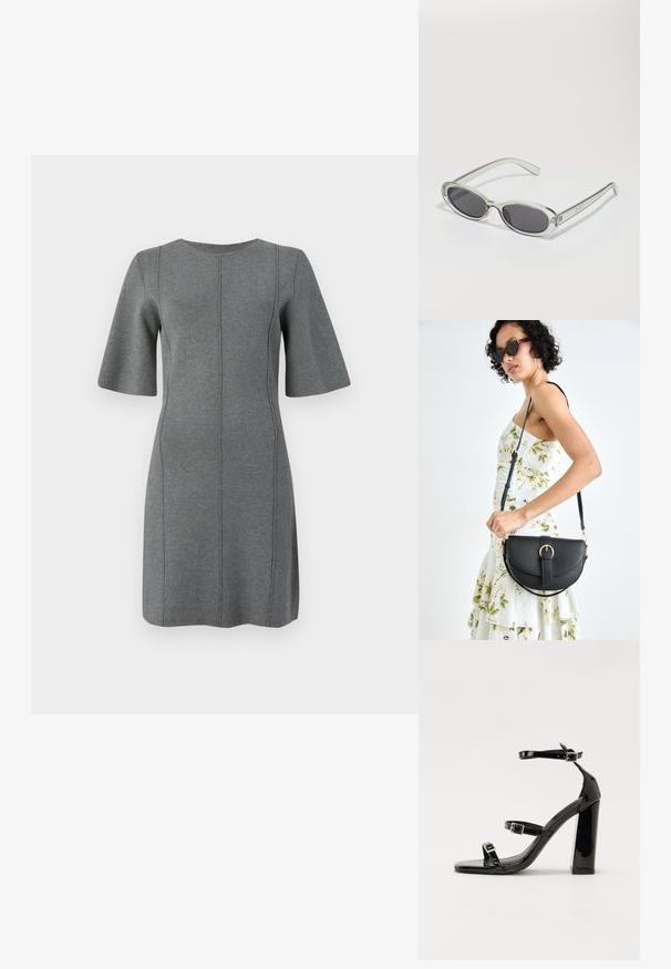 Gråstrikket kjole med korte flare-ermer, rund halsutskjæring og vertikale sømmer. Glatt tekstur og knelengde.; Svart høyglans sandaler med hæl, firkantet tå, ankelremmer og sølvspenner. Har en kraftig blokkhæl for stabilitet.; Solbriller med oval form, klar plastramme, mørkegrå linser og tynne gjennomsiktige armer med logopunksjoner og minimal detaljering.; Svart lærveske med en buet form, avtagbar stropp og gullbeslag. Vesken har et klaff med spenne-detall.