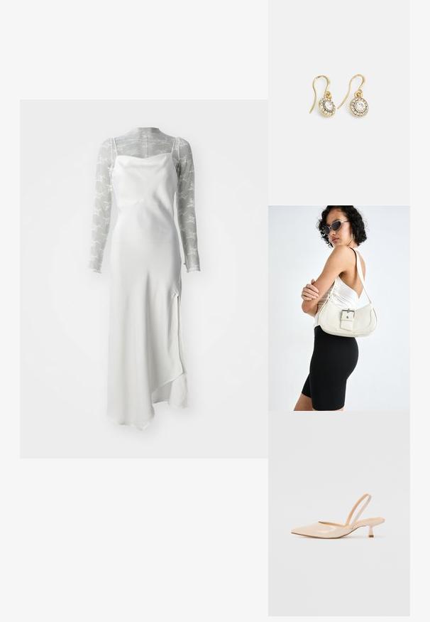 Bela saten slip obleka z visokim razporkom, spiela čez prosojen dolg rokav sivi mrežasti top z belimi cvetličnimi vzorci.; Bež čevlji na peto iz patentiranega usnja, s koničastim nosom in ozko kvadratno peto. Gladka tekstura in minimalističen dizajn brez okrasja.; Bela usnjena torbica s ukrivljeno obliko, nastavljivim trakom in majhnim detajlom s sponko. Model nosi oprijet črno obleko.; Zlato obarvani uhani z ovalnimi prozornimi kristali, ki jih obdajajo manjši prozorni kamenčki, s sistemom za oblačenje za varno nošenje.