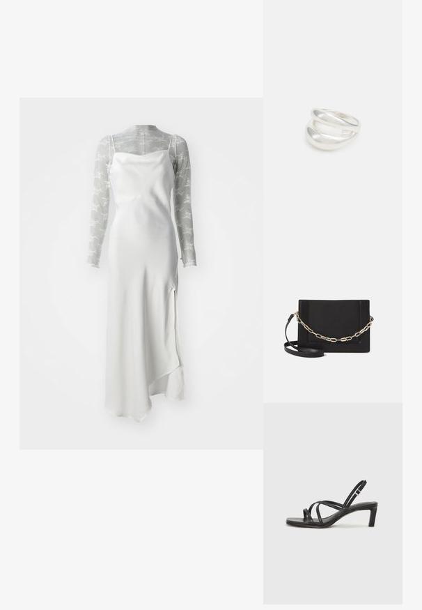 Bela saten haljina s visokim prorezom, složena preko prozirne, dugih rukava sive mrežaste majice s bijelim cvjetnim uzorcima.; Crne sandale s trakama, kvadratnim prstom i niskom blok petom. Ima više tankih trakica i podesivu trakicu oko gležnja. Izrađene su od glatke kože.; Crna kožna torba preko tijela s glatkom teksturom, pravokutnim oblikom i metalnim lancem na prednjoj strani. Uključena je podesiva naramenica.; Srebrna dvostruka prsten s glatkom, poliranom površinom. Karakterizira ga fluidan, zakrivljen dizajn s preklapajućim sekcijama za moderan izgled.