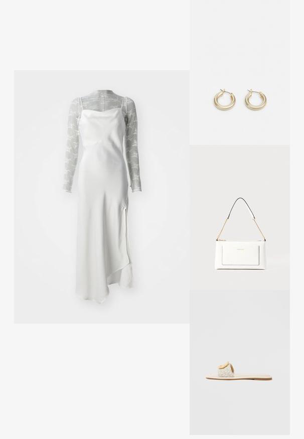 Bela saten haljina s visokim prorezom, složena preko prozirne, dugih rukava sive mrežaste majice s bijelim cvjetnim uzorcima.; Natikača s bež remenom s geometrijskim uzorkom, zaobljenim žutim detaljem na gornjem dijelu i ravnim, svijetlim potplatom.; Bijela kožna torba s teksturiranim završetkom, koja ima zlatni lančić i crne akcentne detalje. Uključuje prednji džep i zatvaranje na patentni zatvarač.; Lauren Ralph Lauren BASIC SMALL HOOP - Naušnice - gold-coloured