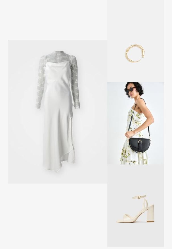 Balta satino slip su aukšta skeltuku, dėvima ant permatomos, ilgomis rankovėmis pilkos tinklinės palaidinės, puoštos baltomis gėlėmis.; Kreminės spalvos aukštakulniai sandalai su atvira nosimi, storu blokuotu kulnu, plona kulkšnies juosta ir subtiliu blizgesiu. Žakardo akcentas ant juostos.; Juodas odinis krepšys su išlenkta forma, nuimamu dirželiu ir auksiniais detalėmis. Krepšys turi kilpą su sagtimi.; Auksinės spalvos žiedas, turintis organišką, sukimosi dizainą su lygiu paviršiumi ir siaurėjančiais galais, sukuriantis modernią skulptūrinę išvaizdą.