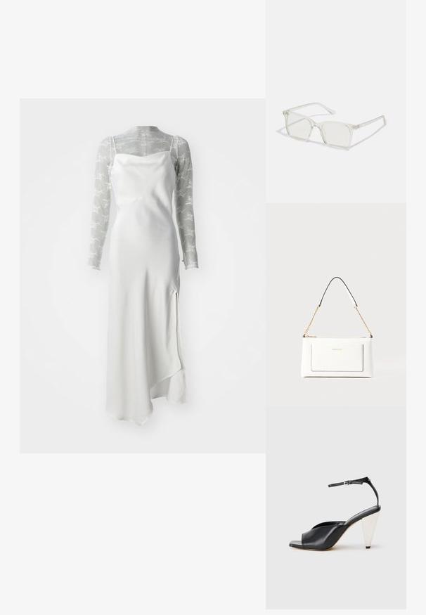 Rochie albă din satin, cu fente înaltă, stratificată peste un top din plasă gri transparent cu mâneci lungi, decorat cu modele florale albe.; Sandal cu toc înalt din piele neagră, cu vârf deschis, design asimetric, curea pentru gleznă și toc metalic în formă de con. Textură netedă pe toată suprafața.; Ochelari de vedere cu rame pătrate din plastic transparent, dotate cu lentile translucide și accente aurii pe temple pentru un detaliu suplimentar.; Geantă de mână din piele albă cu un finisaj texturat, având o curea din lanț aurie și accente negre. Include un buzunar frontal și închidere cu fermoar.