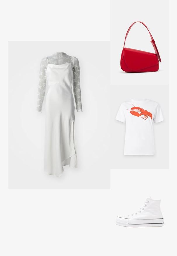 Rochie albă din satin, cu fente înaltă, stratificată peste un top din plasă gri transparent cu mâneci lungi, decorat cu modele florale albe.; Tricou alb din bumbac, cu un grafic mare, viu colorat de homar roșu pe față. Mâneci scurte și un guler standard de tip crew neck.; Adidași albi tip pantofi sport cu glezna din pânză, cu talpă din cauciuc negru, capac de vârf din cauciuc frontal și șase ochiuri pentru șireturi, având un design curat și minimalist.; Geantă de mână din piele roșie, cu un design unghiular și geometric. Dispune de o singură curea ajustabilă și un sistem de închidere cu clapetă, cu detalii cusute.