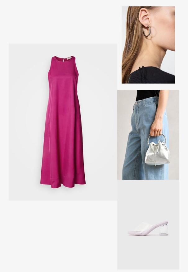 Abito lungo senza maniche in vivace tessuto rosa con una superficie liscia. Presenta un collo rotondo e scende verso una gonna fluida con orlo pulito.; Mule con tacco lilla con parte superiore in plastica trasparente e tacco a blocco trasparente. Texture liscia, design a punta aperta, forma minimalista.; Borsa a secchiello metallica argento con finitura testurizzata, decorata con un manico rotondo argento e chiusura a cordoncino, tenuta contro dei jeans azzurri.; Orecchino a cerchio in argento con finitura lucida, caratterizzato da piccoli dettagli in oro e una forma tondeggiante, indossato sul lobo.