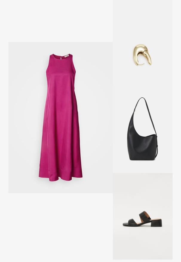 Garšs, bez piedurknēm tērps spilgti rozā audumā ar gludu tekstūru. Tam ir apaļa kakla izgriezums, un tas beidzas ar plūstošu svārku ar tīru apakšmalu.; Melna ādas sandaļa ar divām platām siksnām pāri kājai, kvadrātveida purngala un zemu blokveida papēdi. Gluda virsma un minimālistisks dizains.; Melnas ādas hobo soma ar gludu tekstūru, izliekta forma un vienu regulējamu jostu; augšā ir plaša atvere.; Zeltīti metāla auskari ar gludu, izliekta dizaina. Ar atšķirīgu smailu formu, pulētu virsmu un eņģu aizdari.