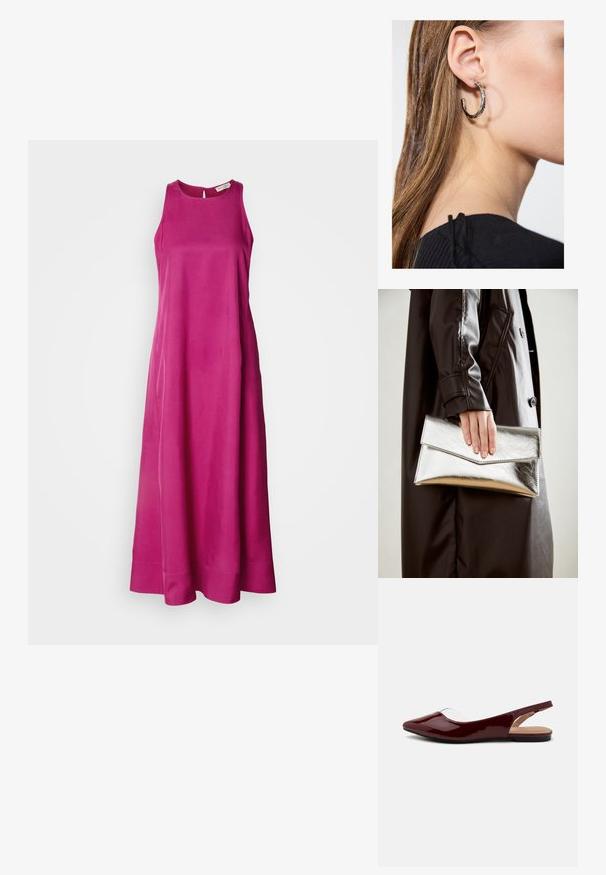 Langes, ärmelloses Kleid aus lebhaftem pinkfarbenem Stoff mit glatter Textur. Mit Rundhalsausschnitt und einem fließenden Rock, der einen sauberen Saum hat.; Burgunderfarbene patentierte Slingbacks mit spitzem Zehenbereich, transparentem Ausschnitt und flacher schwarzer Sohle. Glatte Textur, minimalistisches Design.; Silberner metallischer Clutch mit einem eckigen Umschlagdesign, glatter Textur und kontrastierender Innenfarbe, gehalten in einer Hand, die einen schwarzen Mantel trägt.; Silberne Creolen mit polierter Oberfläche, die kleine goldene Akzentdetails und eine runde Form aufweisen, am Ohrläppchen getragen.