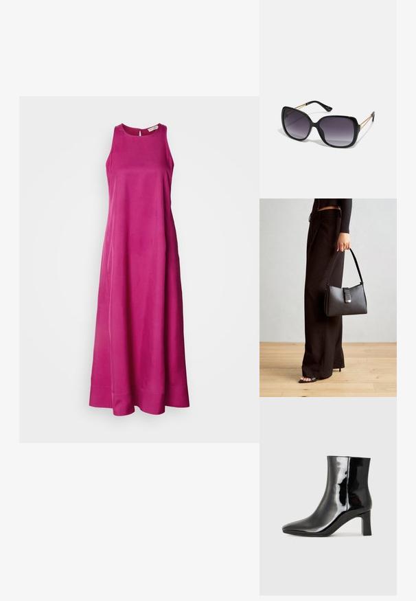 Duga haljina bez rukava u vibrantnoj ružičastoj tkanini s glatkom teksturom. Ima okrugli dekolte i pada u lepu suknju s čistim rubom.; Crne lakirane kožne gležnjače s šiljastim prstom i srednje visokom blok petom. Glatka tekstura i minimalistički dizajn.; Crne prevelike sunčane naočale s gradijentnim lećama, debelim okvirom i zlatnim lancem kao detaljem na krakovima.; Crna torba s oblikom koji sadrži strukturu, glađu teksturu i metalnu kopču. Uparena s širokim crnim hlačama i sandalama na otvorenom s drvenog poda.