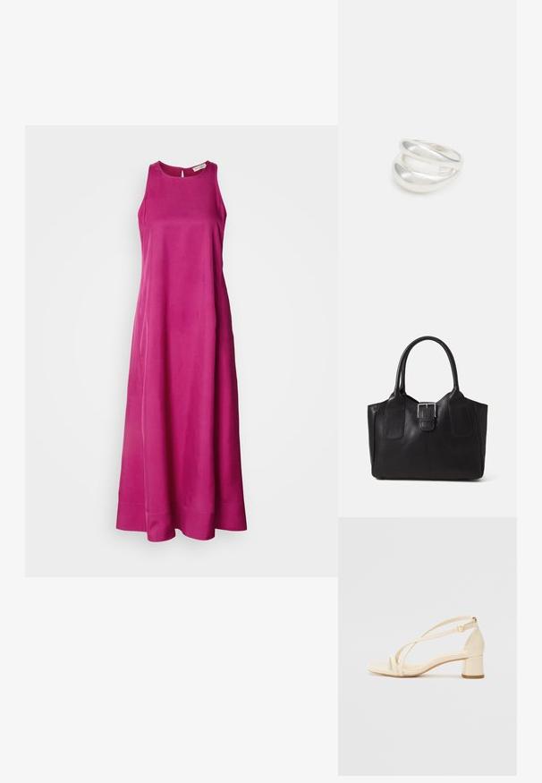 Dolga brezrokavna obleka iz živahnega roza blaga z gladko teksturo. Ima krožno ovratnico in se spušča v tekočo krilo s čistim robom.; Beige sandale s peto na blok, z zapletenim dizajnom in prilagodljivim gležnjenjcem, izdelane iz gladkega sintetičnega materiala z mat površino.; Črna usnjena torba s gladko teksturo, strukturirano obliko, dvema ročkama in izrazitim srebrnim sponko na sprednji strani.; Srebrn dvojni prstan z gladko, polirano površino. Ima tekoč, ukrivljen dizajn z prekrivajočimi se sekcijami za sodoben videz.
