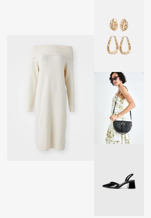 Vestido de malha creme off-the-shoulder com mangas longas, decote canelado e textura suave, apresentando um corte reto e um design até ao joelho.; Sandy em verniz preto com salto slingback, ponta afilada e salto geométrico. Apresenta um design elegante e minimalista com textura suave.; Bolsa de couro preta com forma curva, alça destacável e detalhes em dourado. A bolsa possui uma aba com detalhe de fivela.; Brincos em tom de ouro com formas onduladas e texturizadas. Inclui studs escultóricos com presilha e um design de argola aberta com um acabamento martelado.