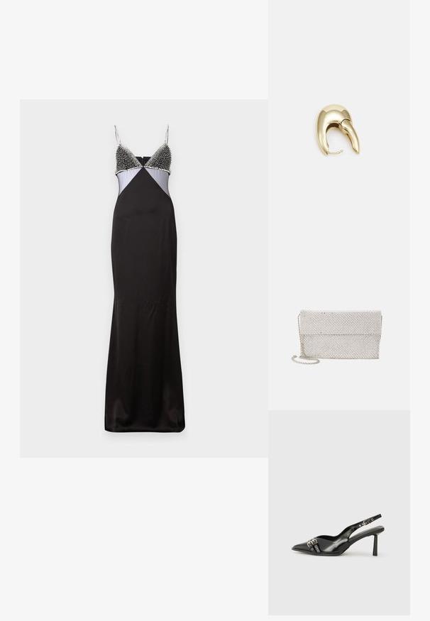 Black satin dress with a fitted silhouette, featuring a beaded bodice, adjustable straps, and a contrasting light blue panel.; Black patent leather slingback shoe with pointed toe, ankle straps featuring silver buckles and hardware, and a slender heel.; Silver mesh clutch bag with a textured, woven design, featuring a fold-over flap and a removable chain strap for carrying.; Gold-tone metal earring with a sleek, curved design. Features a distinctive pointed shape, polished surface, and hinge closure.