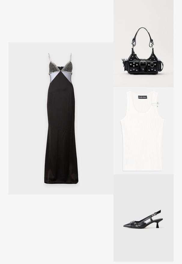 Melnā satīna kleita ar pieguļošu siluetu, ar pērļu izšuvumu krūšu daļā, regulējamām siksnām un kontrastējošu gaiši zilu paneli.; Balts ribota bez piedurknēm topiņš ar apaļu dekoltē un metāla akcentu uz pleca. Mīksta tekstūra, pieguļošs dizains.; Melnas ādas šlipsveida kurpes ar norādītu purngalu, dekoratīvām joslām ar metāla acīm un zemu bloku papēdi. Teksturēta virsma.; Melnas ādas rokturmais ar izliekumu, ar sudraba iedurtiem, sprādzi un divām sānu kabatām. Regulējams siksniņas garums dažādām nēsāšanas iespējām.