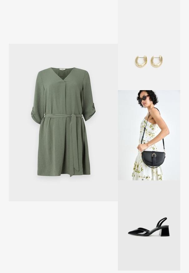 Gaiši zaļš apģērbs ar V veida kaklu, trīs ceturtdaļu piedurknēm un jostu. Izgatavots no teksturēta auduma, ar ruļļveida piedurknēm un brīvu piegriezumu.; Melna lakota āda ar atvērto papēdi, ar smailu purngalu un ģeometrisku blokpapēdi. Iezīmējas elegants, minimāls dizains un gluda tekstūra.; Melnas ādas rokassoma ar izliekta formu, noņemamu siksnu un zelta aksesuāriem. Somai ir vāciņš ar sprādzes detaļu.; Zelta-tonēti auskari ar gludu, pulētu apdari. Iezīmē pusapaļa forma un droša aizdare uz stieņa.