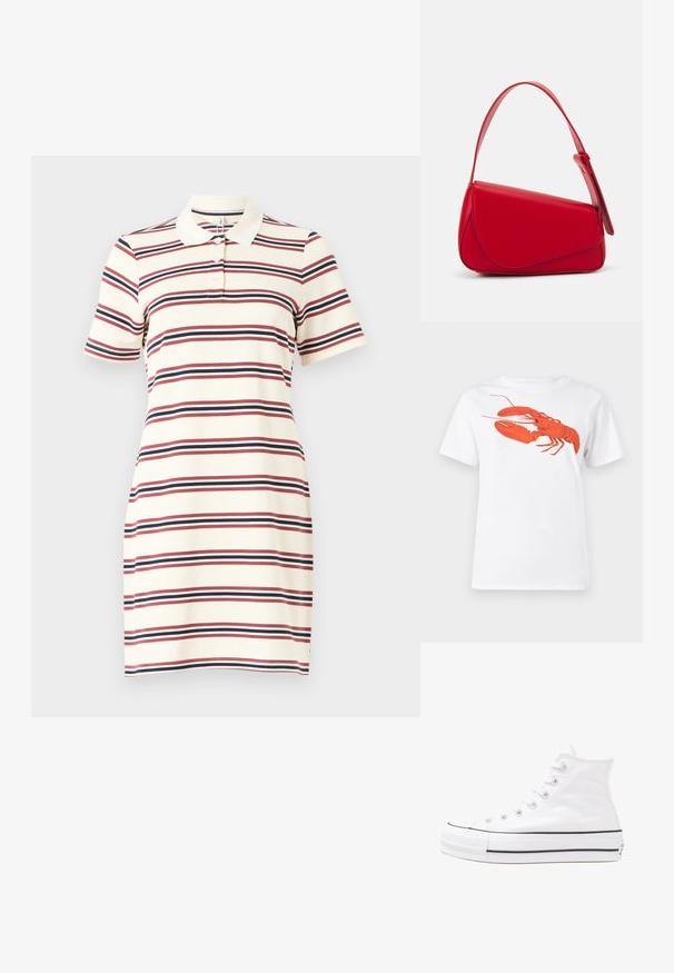 Polo obleka ima smetanovo podlago z vodoravnimi črtami v rdeči, mornarsko modri in beli barvi. Ima ovratnik, kratke rokave in prilegajočo obliko.; Bela bomba iz bombaža z velikim, svetlo rdečim grafikonom jastreba na sprednji strani. Kratki rokavi in standarden kroj s okroglim izrezom.; Beli visoki platneni športni čevelj z črnim gumijastim podplatom, sprednjim gumijastim zaščitnikom za prste in šestimi luknjicami za vezalke, ki se ponaša s preprostim, minimalističnim dizajnom.; Rdeča usnjena torba z angularnim, geometrijskim dizajnom. Ima en samostoječ nastavljiv ročaj in pokrov, zaprt z zapiranjem, ki je okrašen s šivi.